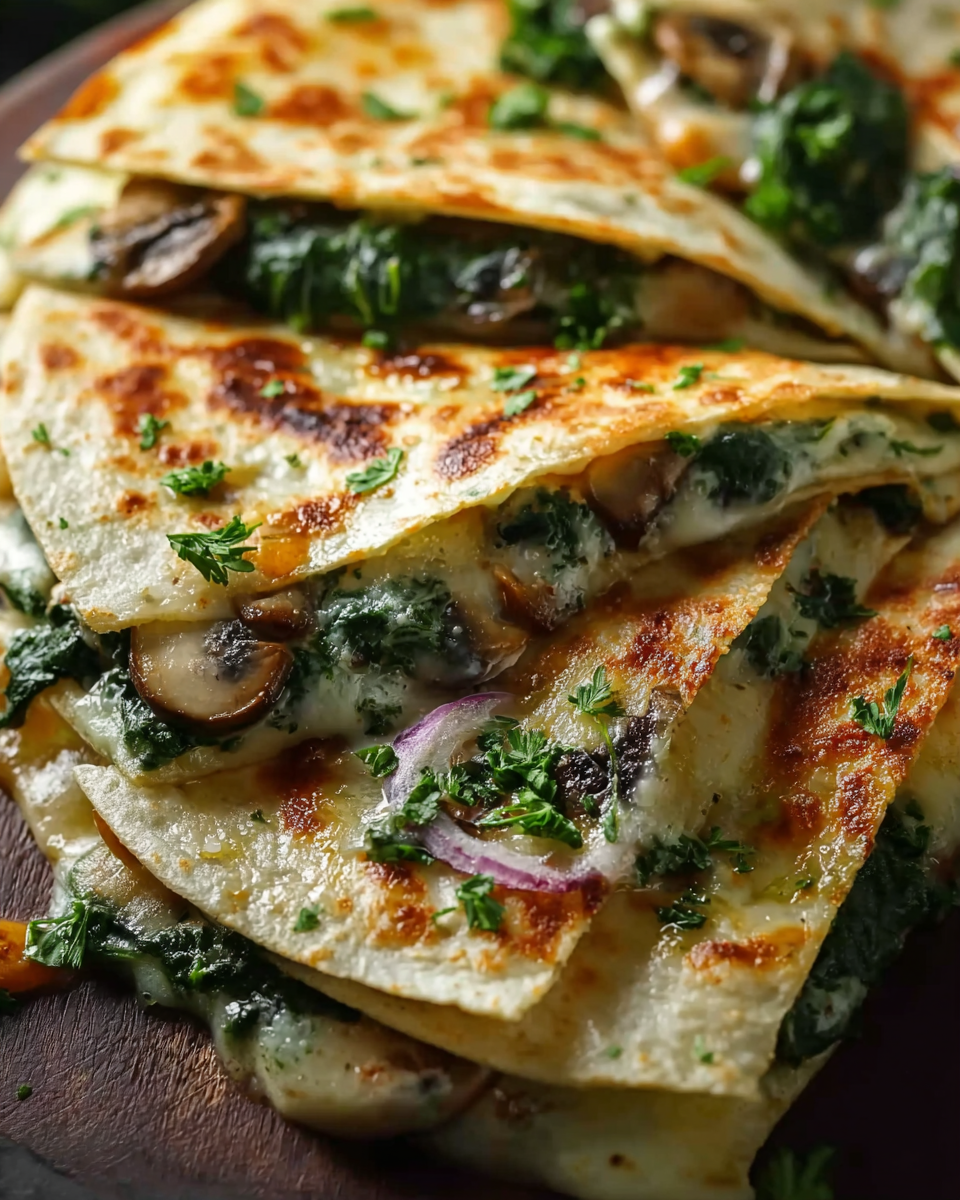Mediterranean-style spinach mushroom quesadilla