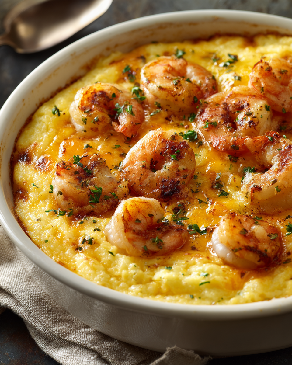 Plated creamy shrimp and grits casserole with side dishes