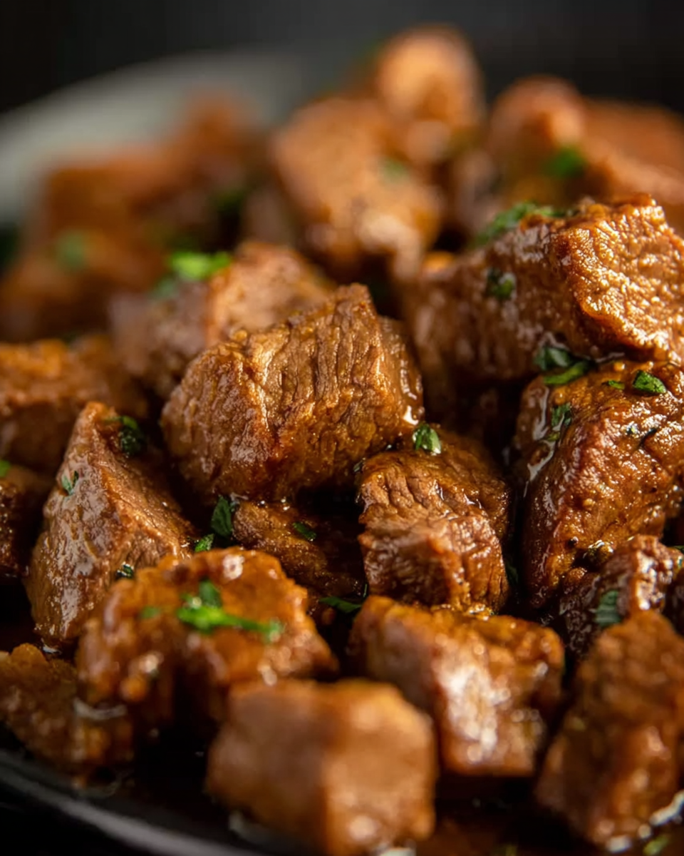 Seared steak bites going into a crockpot
