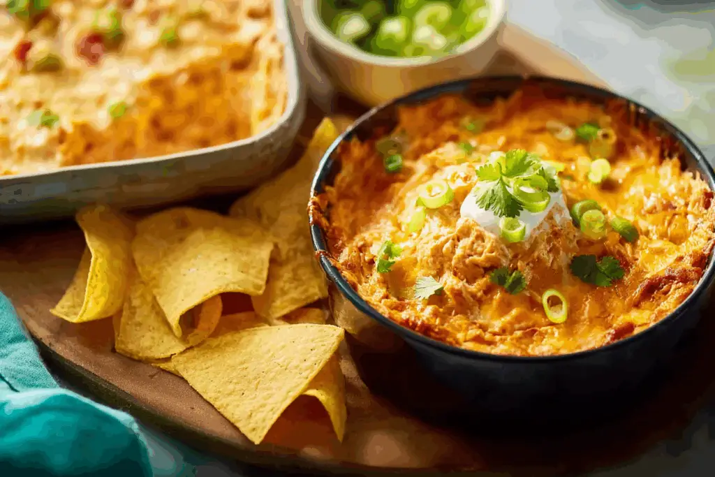 Overhead view of cheesy baked Texas Trash Dip
