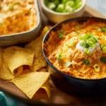 Overhead view of cheesy baked Texas Trash Dip