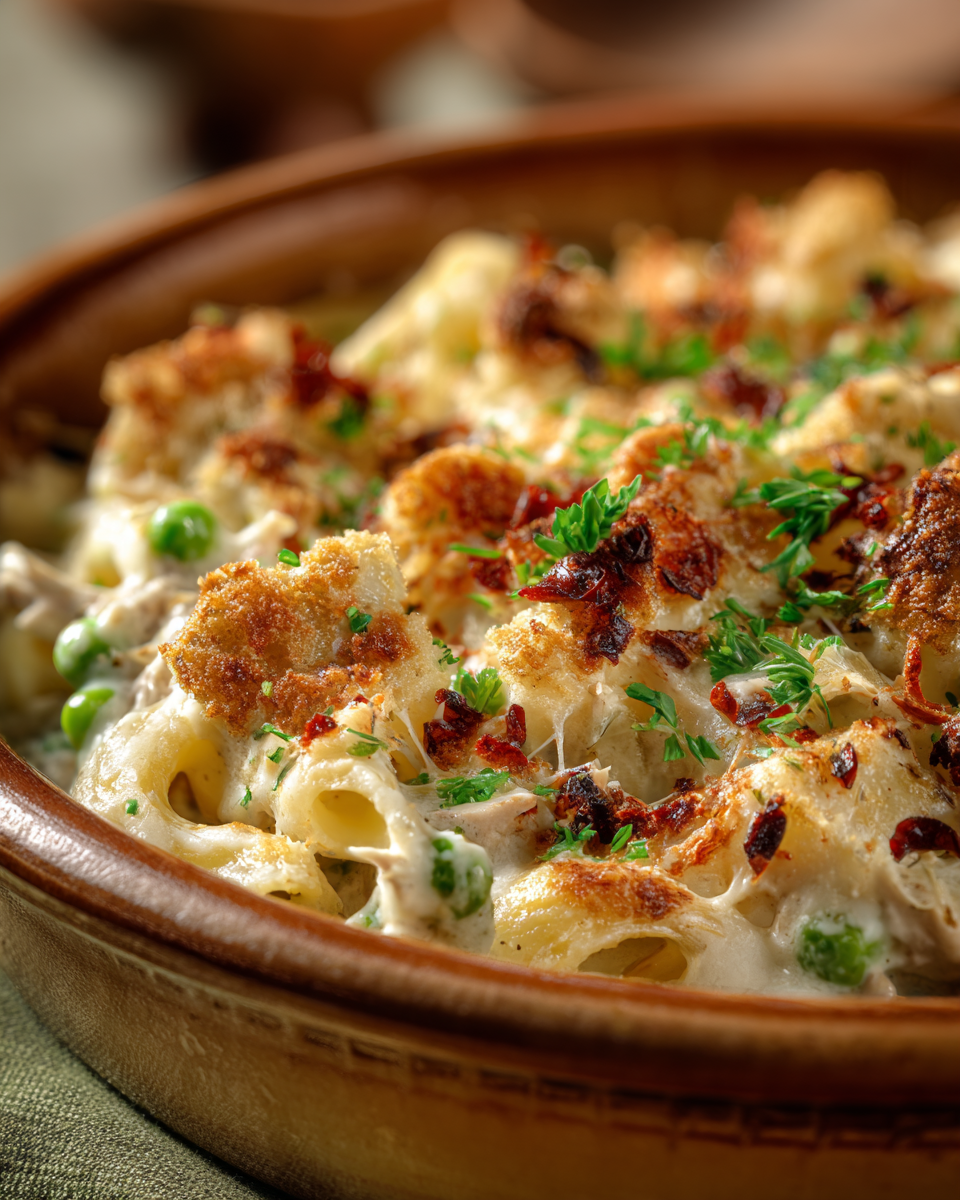 Elegant tuna casserole dinner plate with garnish