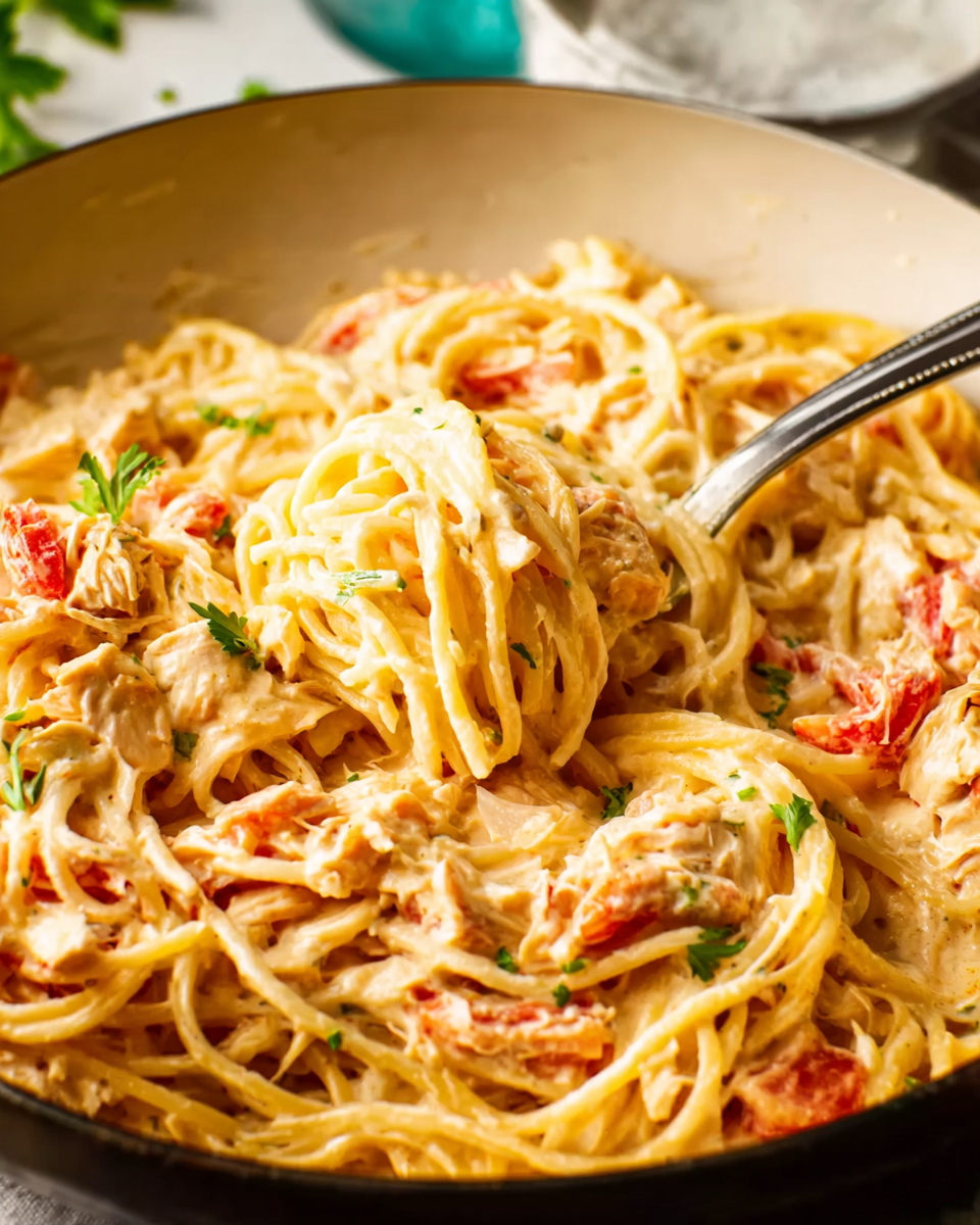 Vegetarian Chicken Spaghetti with plant-based cheese.