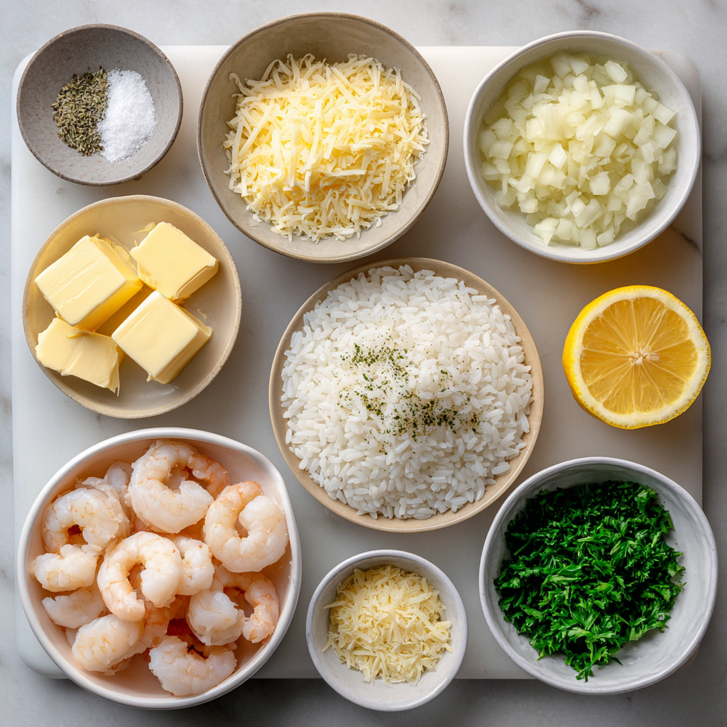 Shrimp added to cooked rice in pot