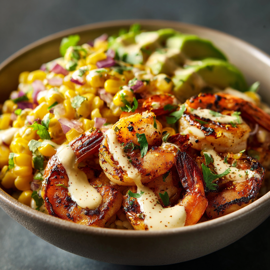 Assembled Grilled Shrimp Bowl with Creamy Sauce