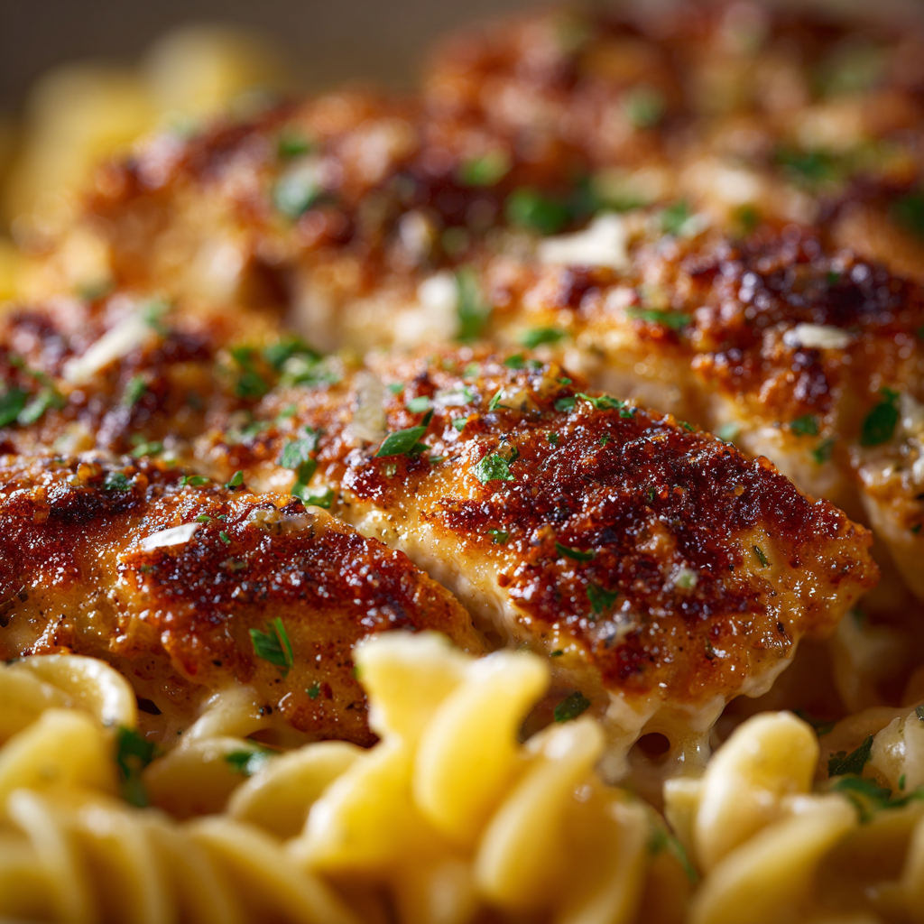 baked version of creamy garlic parmesan chicken with cheesy pasta