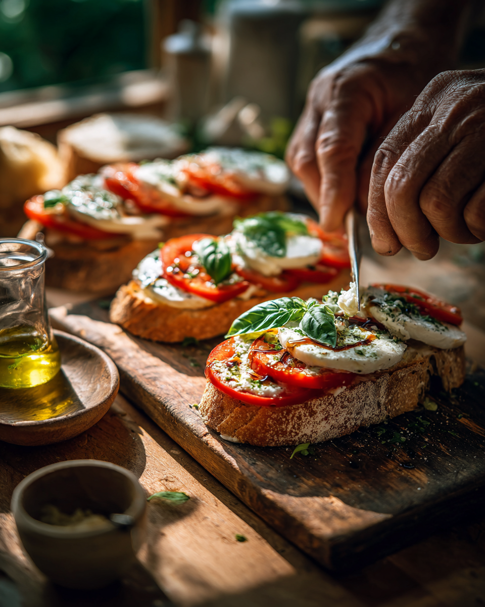 Slices of Caprese Garlic Bread served on a platter with basil garnish