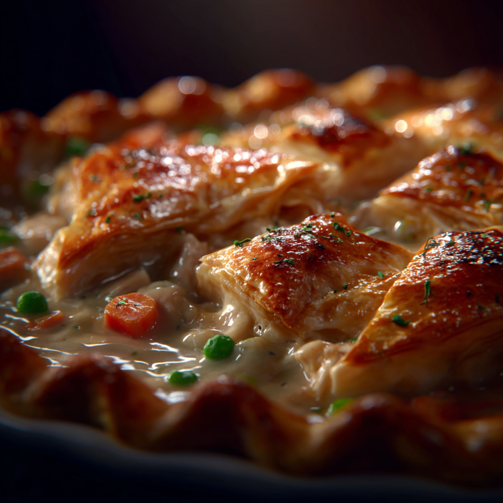 golden chicken pot pie baking in oven with bubbling filling