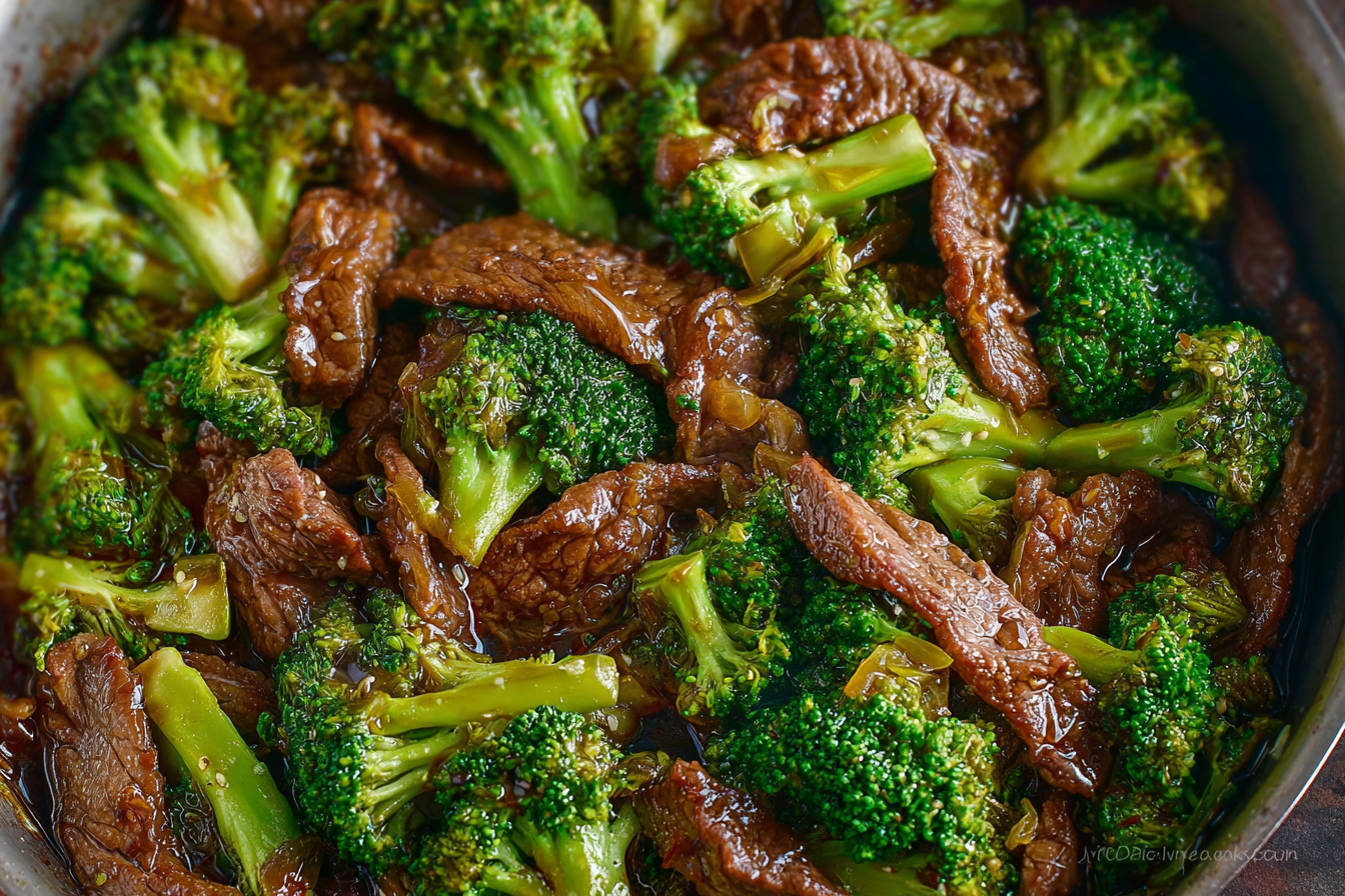 Beef and broccoli recipe close-up in wok