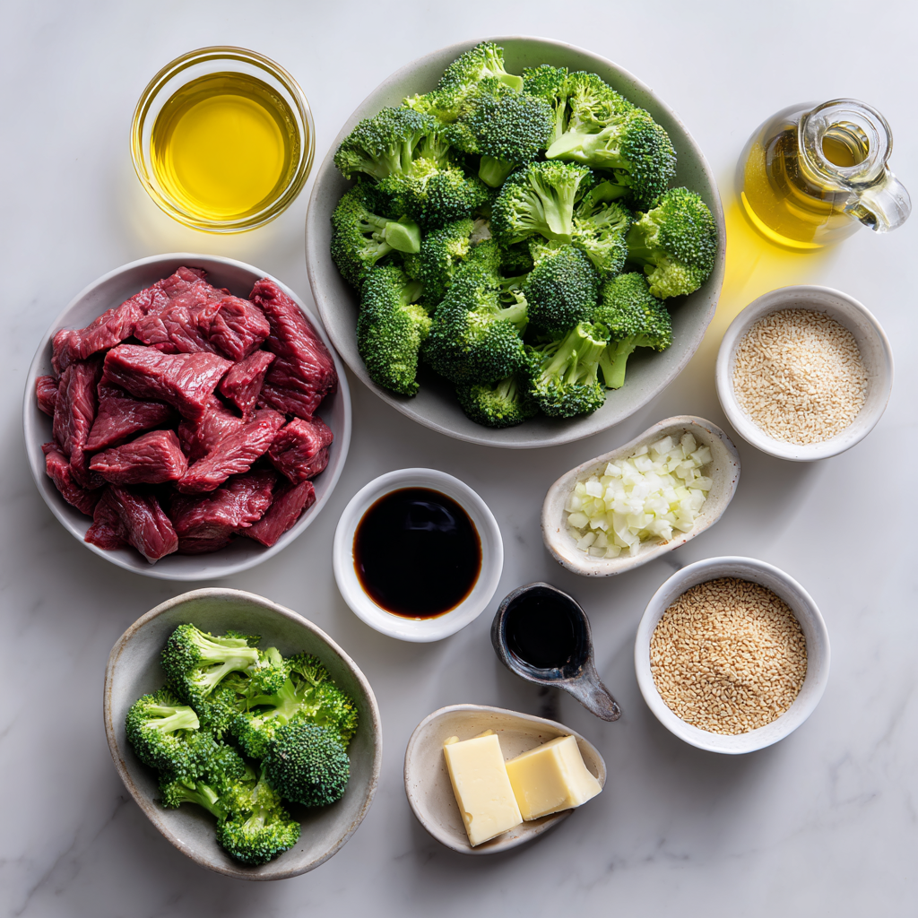 Beef and broccoli ingredients flat lay