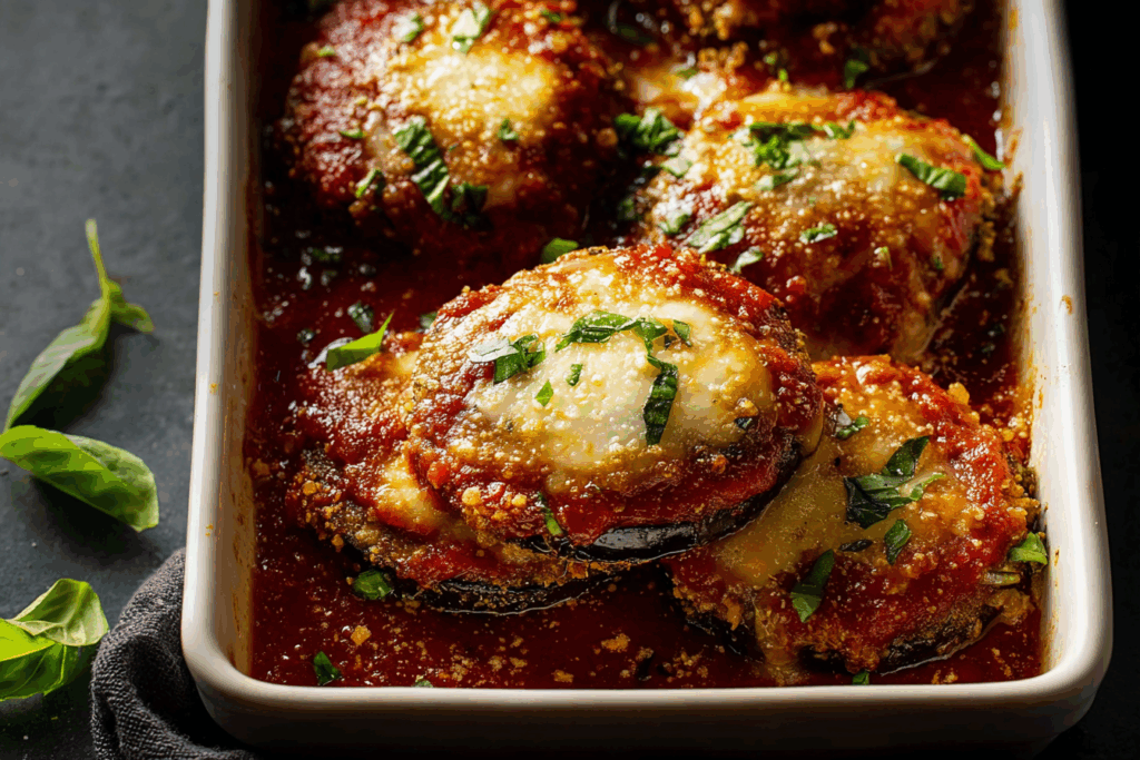 Best Eggplant Parmesan recipe baked with marinara and mozzarella