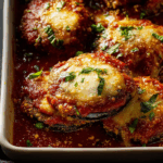 Best Eggplant Parmesan recipe baked with marinara and mozzarella