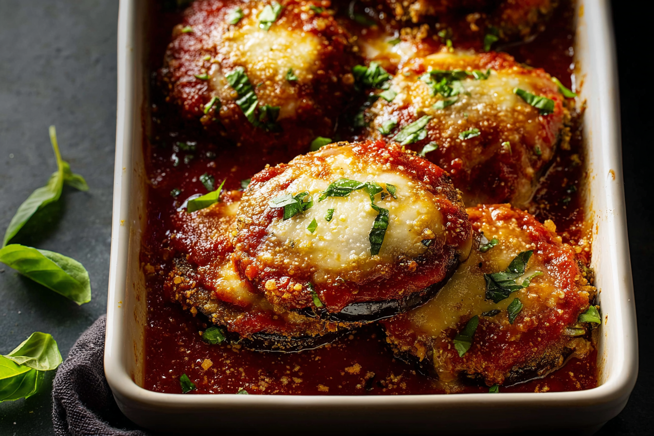Best Eggplant Parmesan recipe baked with marinara and mozzarella