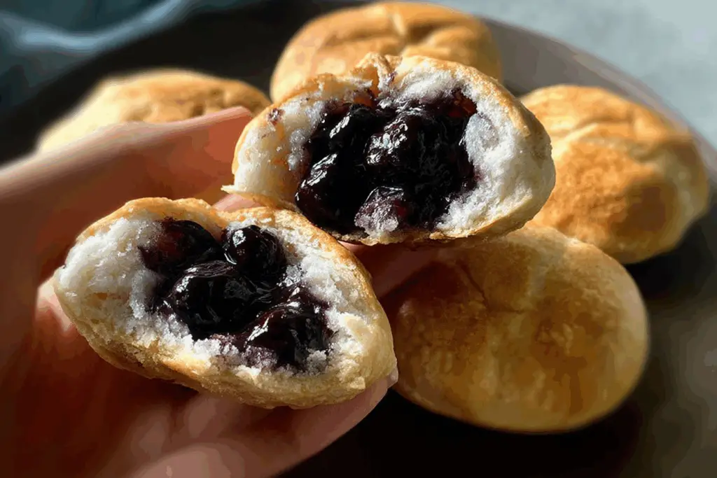 Freshly baked blueberry pie bombs on baking tray