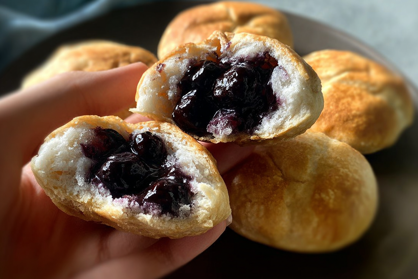 Freshly baked blueberry pie bombs on baking tray