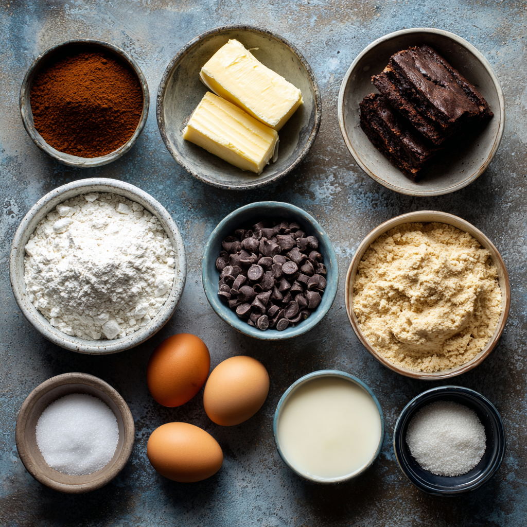 Ingredients for brownie bottom cookie dough cheesecake bars recipe