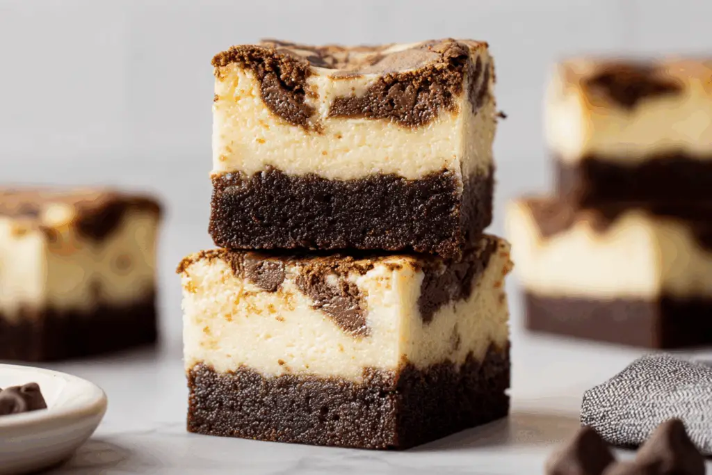 Brownie Bottom Cookie Dough Cheesecake Bars stacked on a plate
