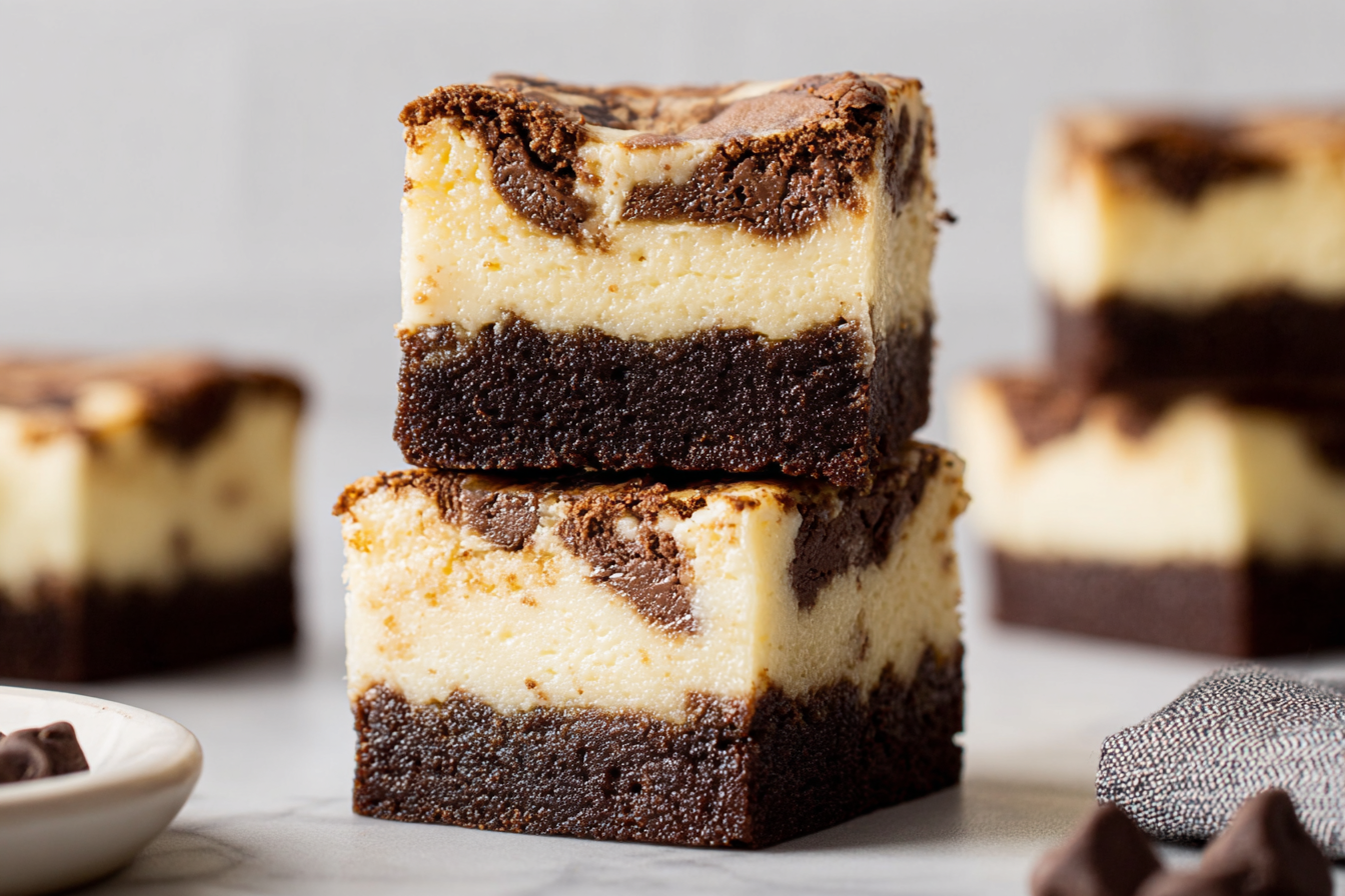 Brownie Bottom Cookie Dough Cheesecake Bars stacked on a plate
