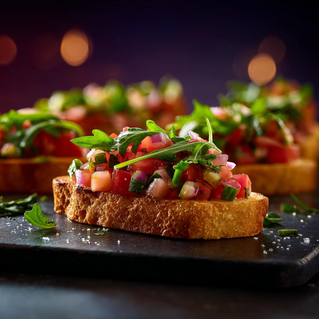 Serving board with assorted bruschetta recipes