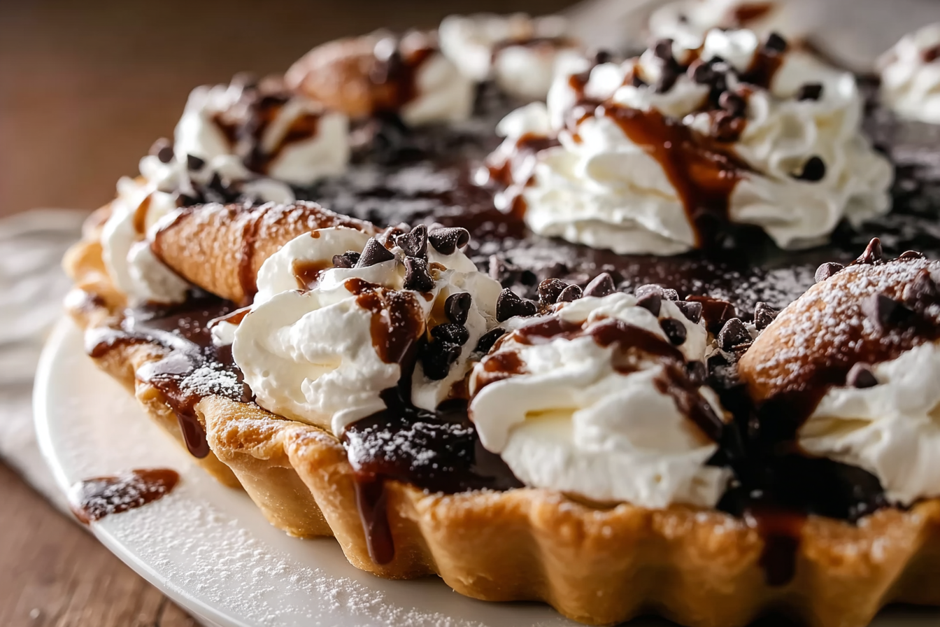 Cannoli Cream Pie with whipped cream and chocolate chip topping