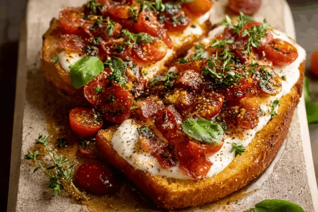 Freshly baked Caprese Garlic Bread with mozzarella, tomatoes, and basil