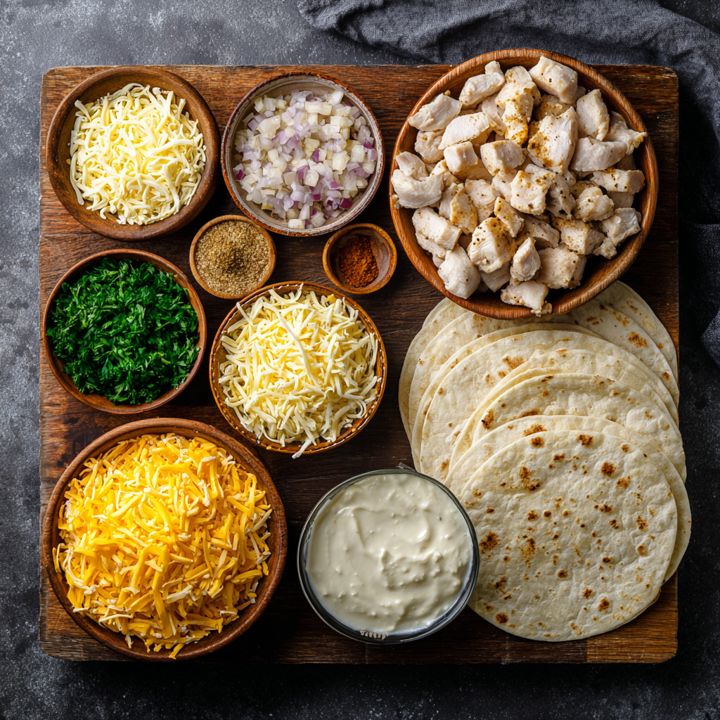 Ingredients for Cheesy Chicken Garlic Wraps on counter
