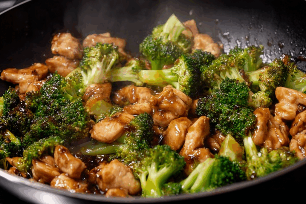 Close-up chicken and broccoli recipe stir-fry in brown sauce
