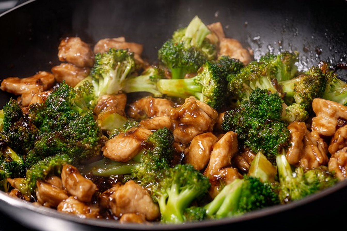 Close-up chicken and broccoli recipe stir-fry in brown sauce