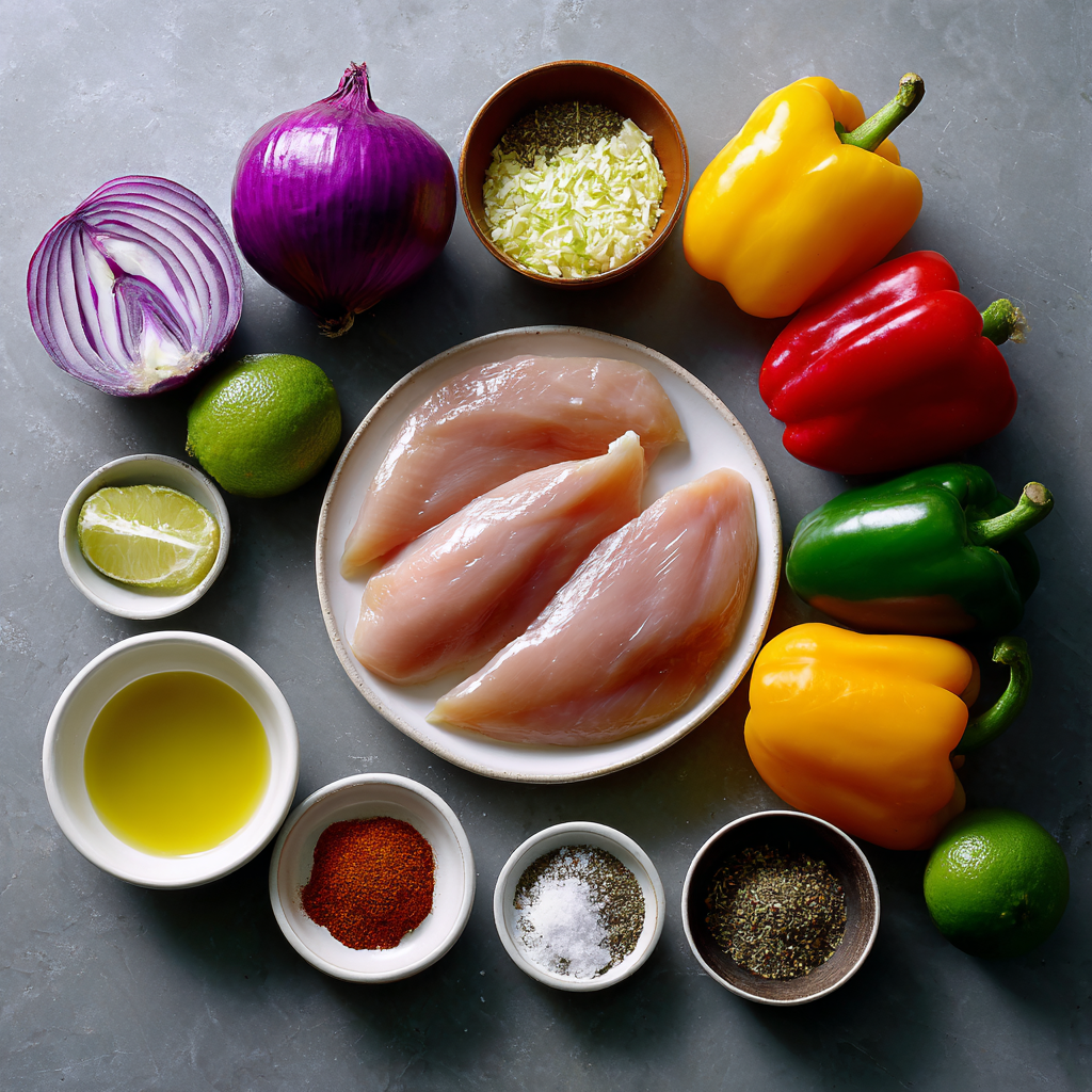 chicken fajita recipe in skillet with peppers and onions