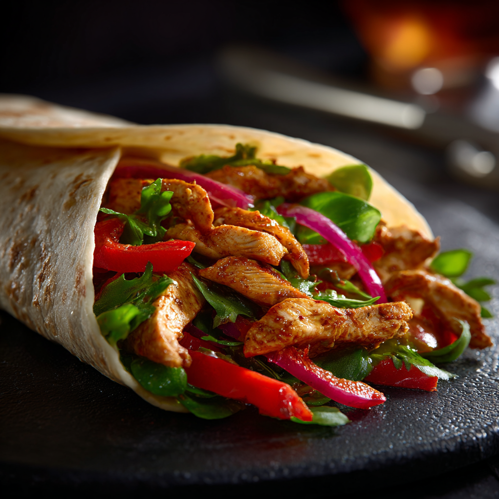 assembling chicken fajita wrap with toppings