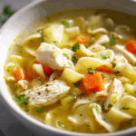 Homemade chicken noodle soup recipe in rustic bowl