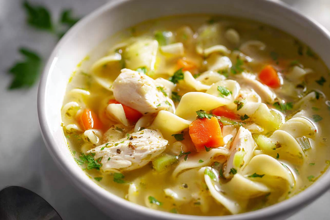 Homemade chicken noodle soup recipe in rustic bowl