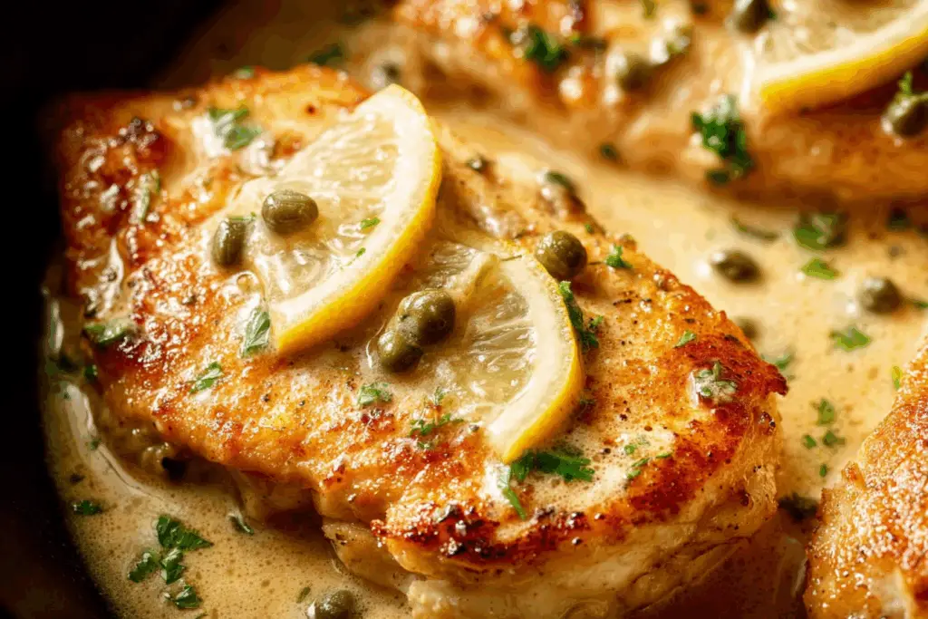 chicken piccata recipe on white plate with lemon caper sauce