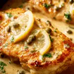 chicken piccata recipe on white plate with lemon caper sauce
