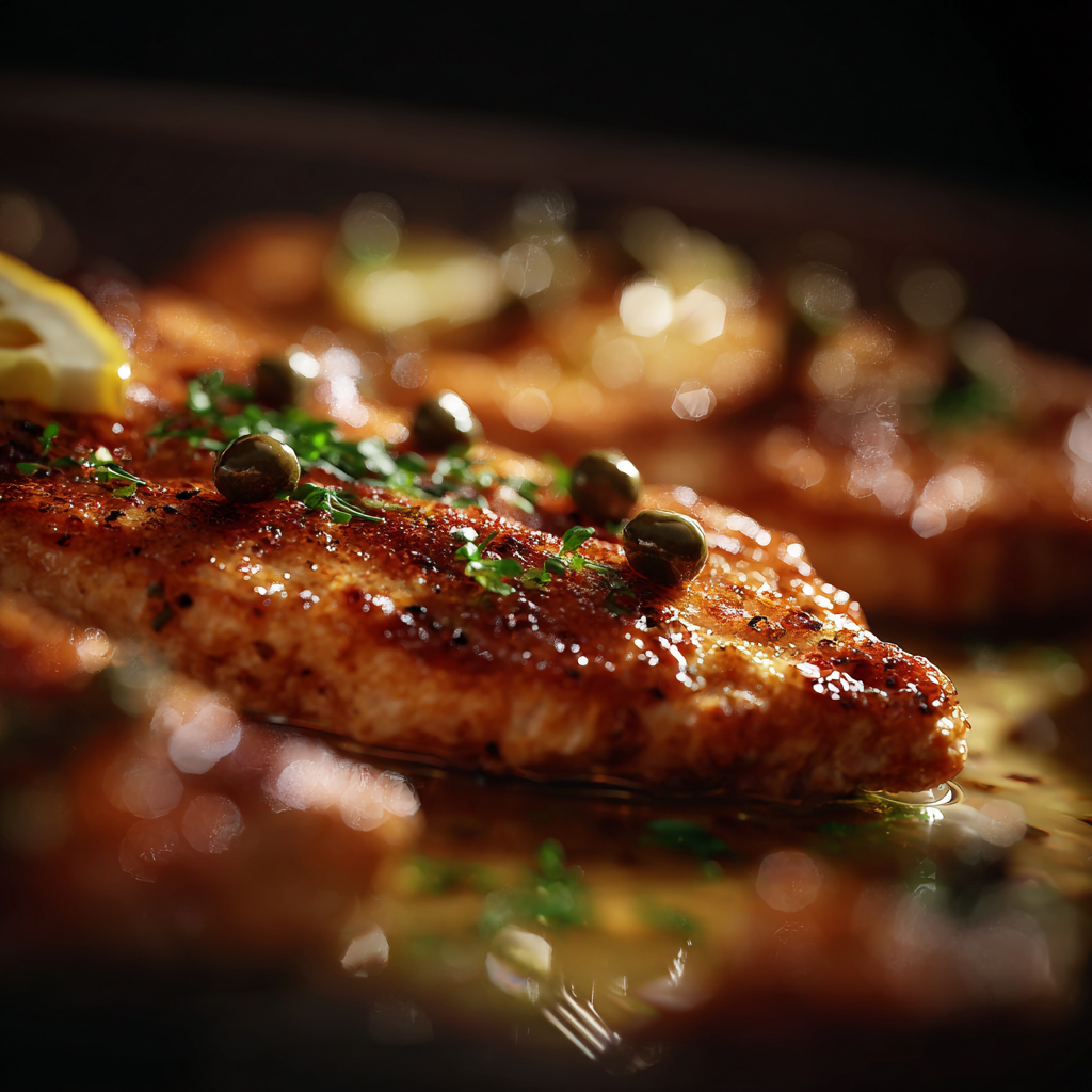 chicken piccata served with asparagus and mashed potatoes