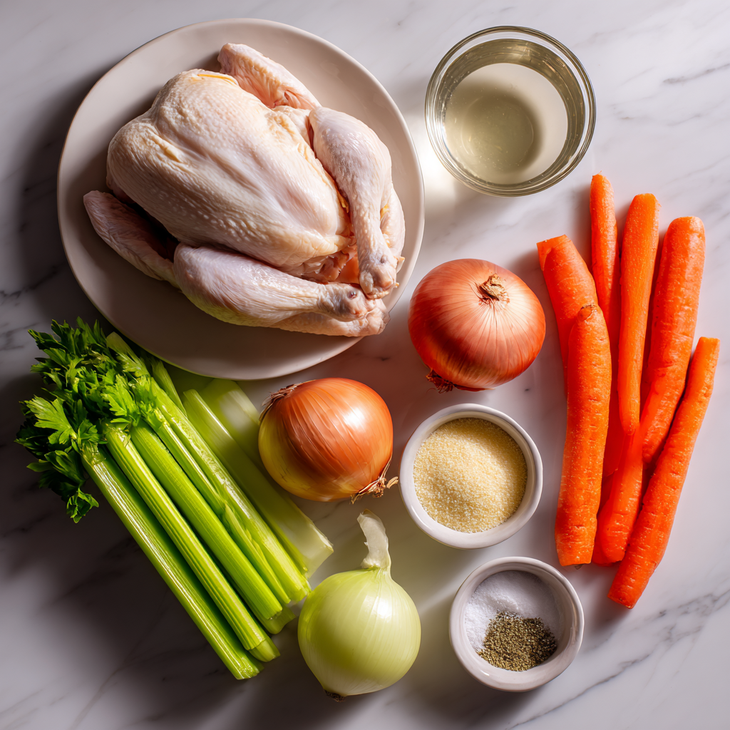 Serving suggestions for chicken soup recipe with bread and fresh salad on a rustic table