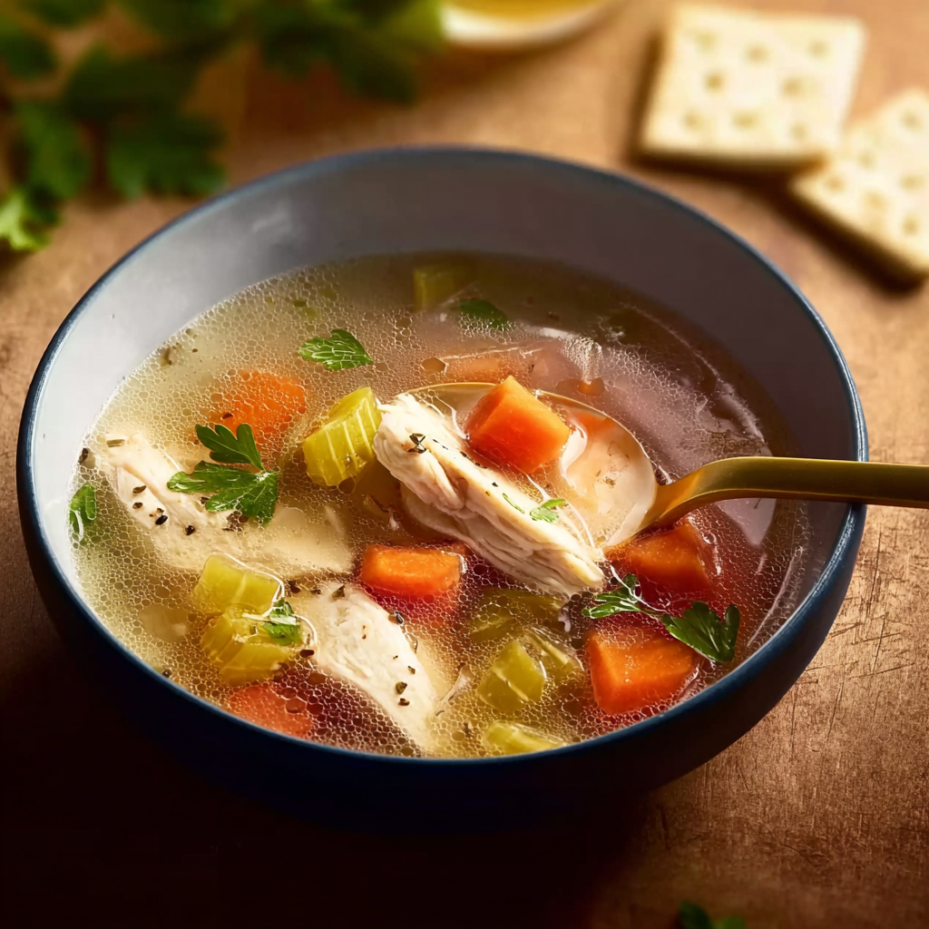 Steaming bowl of homemade chicken soup recipe garnished with fresh parsley and golden broth