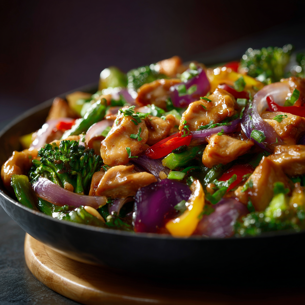 chicken stir fry cooking in skillet