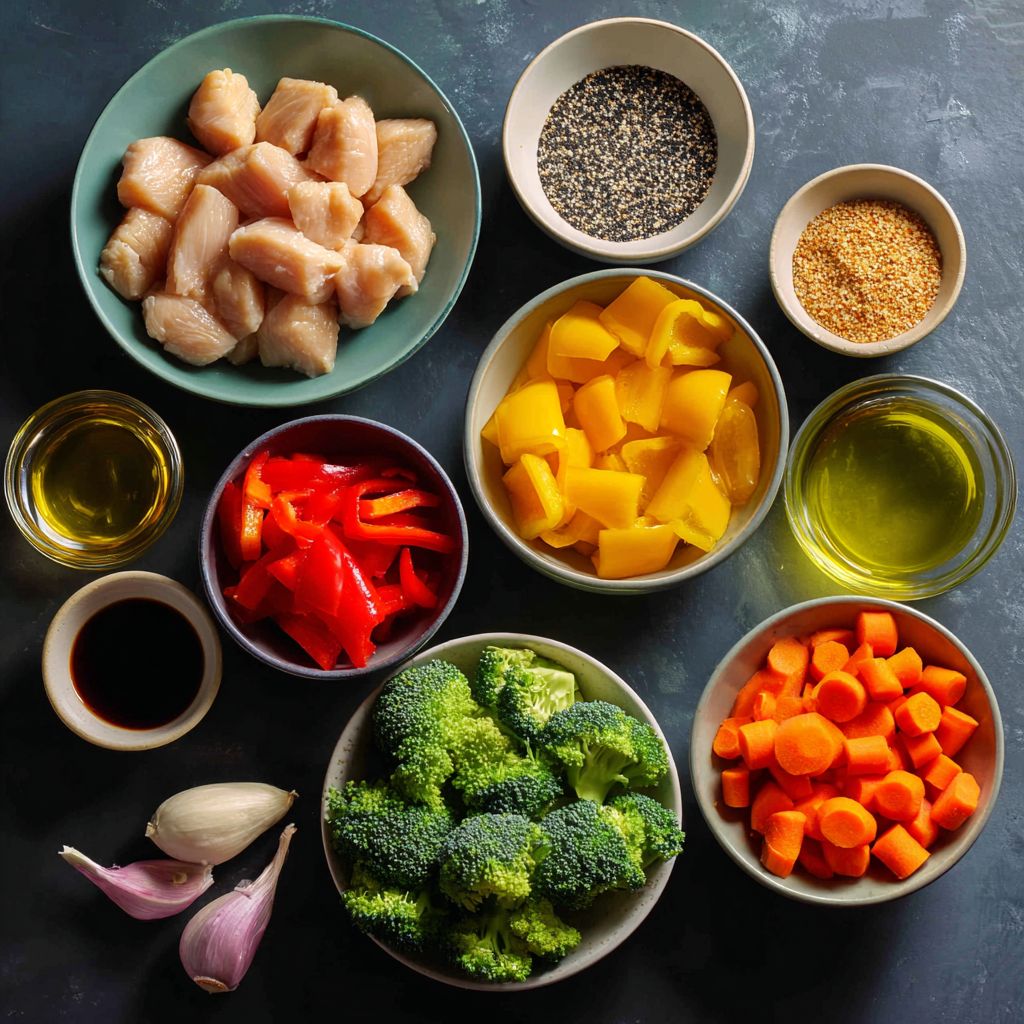 chicken stir fry ingredients on cutting board