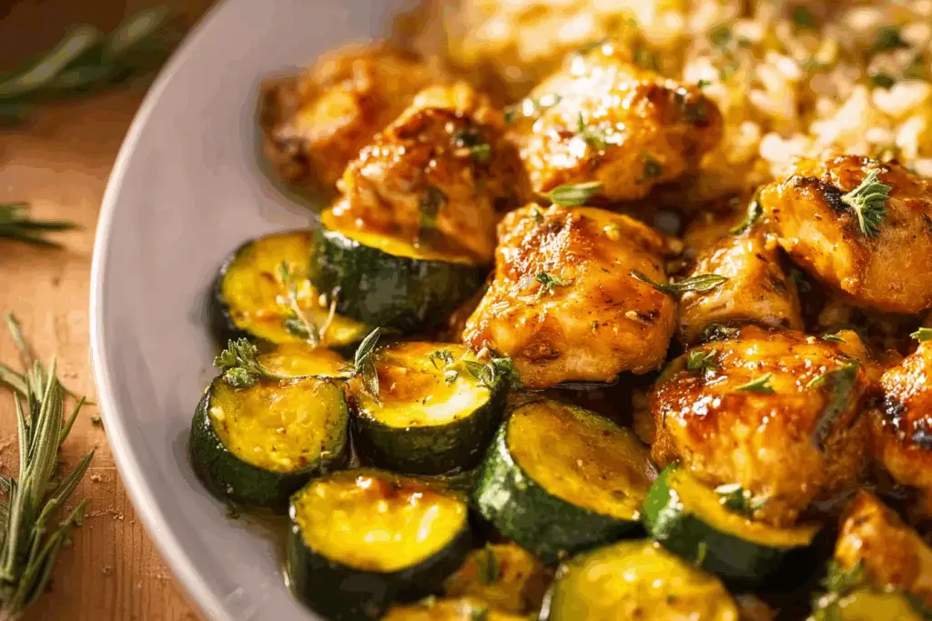 Chicken zucchini bake with golden cheese topping close-up