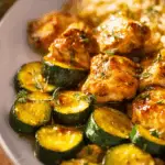 Chicken zucchini bake with golden cheese topping close-up