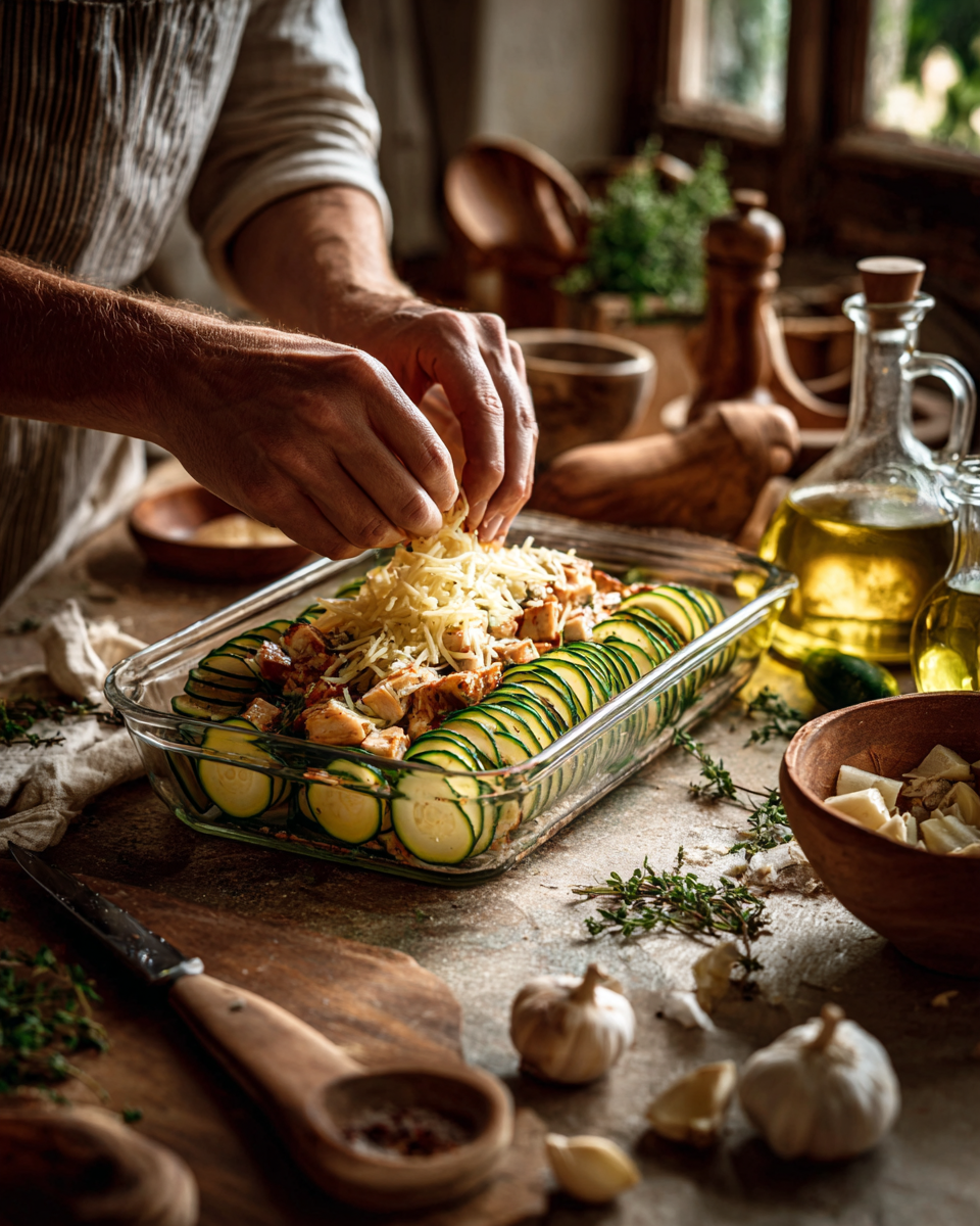 Chicken zucchini bake leftovers stored in an airtight container