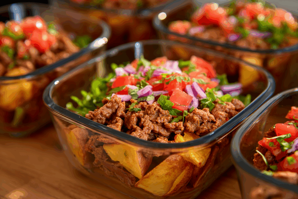 Chipotle Beef Potato Bowls with salsa and crispy potatoes