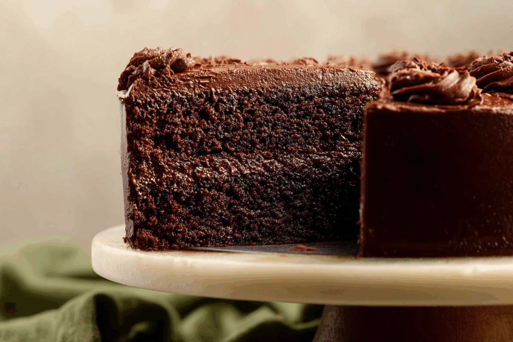 Moist chocolate zucchini cake slice with buttercream frosting
