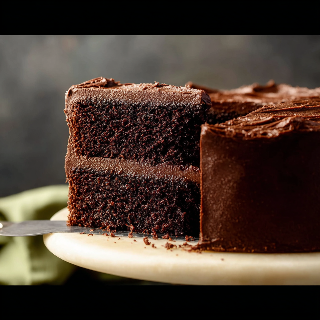 Chocolate zucchini cake slice with peanut butter and berries