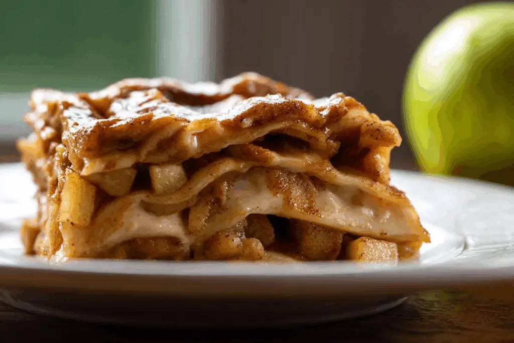 Fresh-baked Cinnamon Roll Apple Lasagna with caramel drizzle
