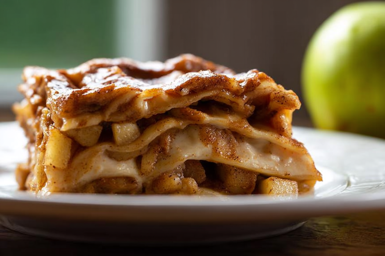 Fresh-baked Cinnamon Roll Apple Lasagna with caramel drizzle