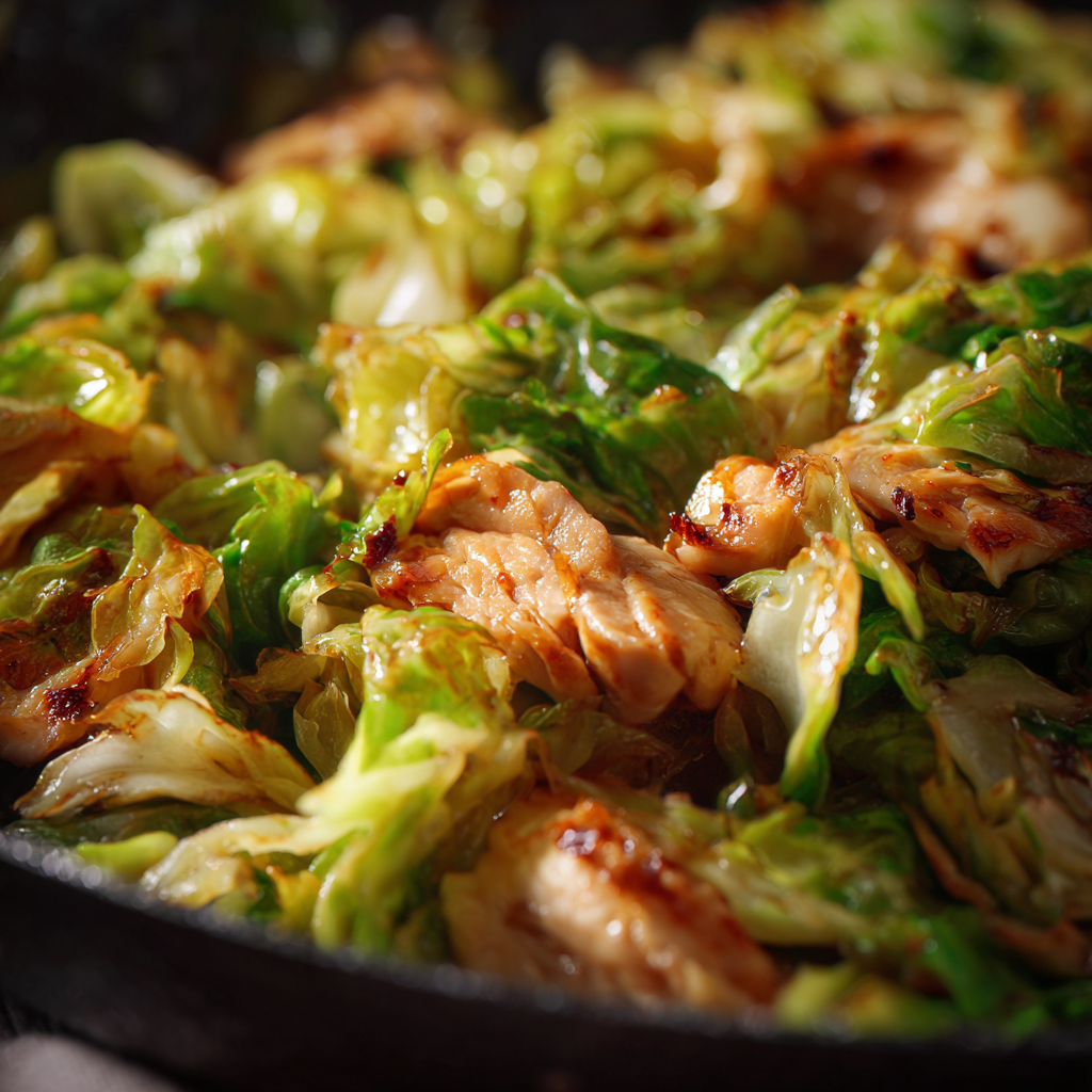 chicken cooking with garlic and cabbage
