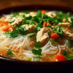 cozy chicken vermicelli soup delight in a ceramic bowl