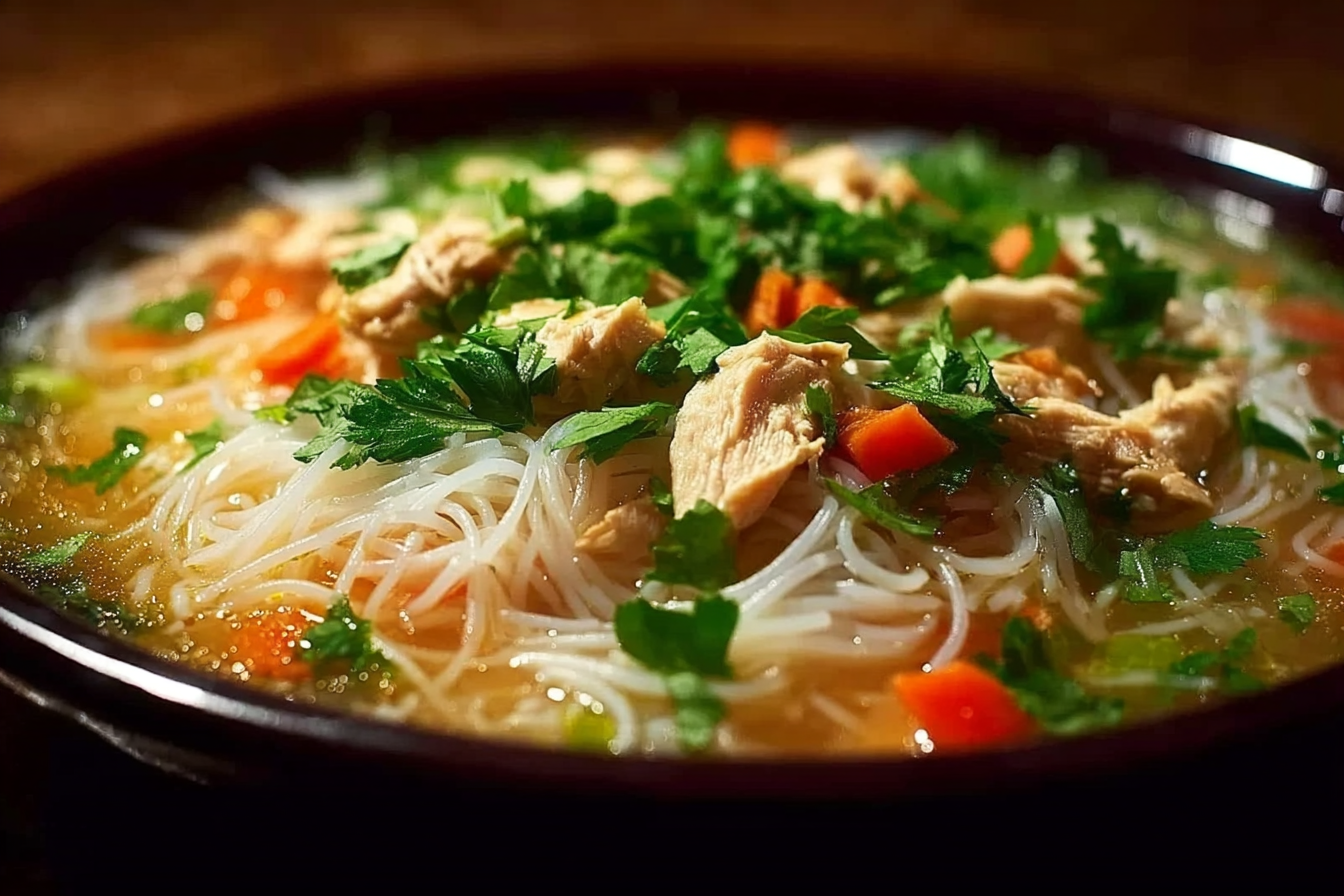 cozy chicken vermicelli soup delight in a ceramic bowl